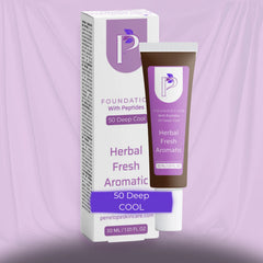 A 30 mL tube of Penelope Skincare '50 Deep COOL' Herbal Fresh Aromatic Foundation with Peptides, shown next to its white and purple packaging box against a draped lavender background.