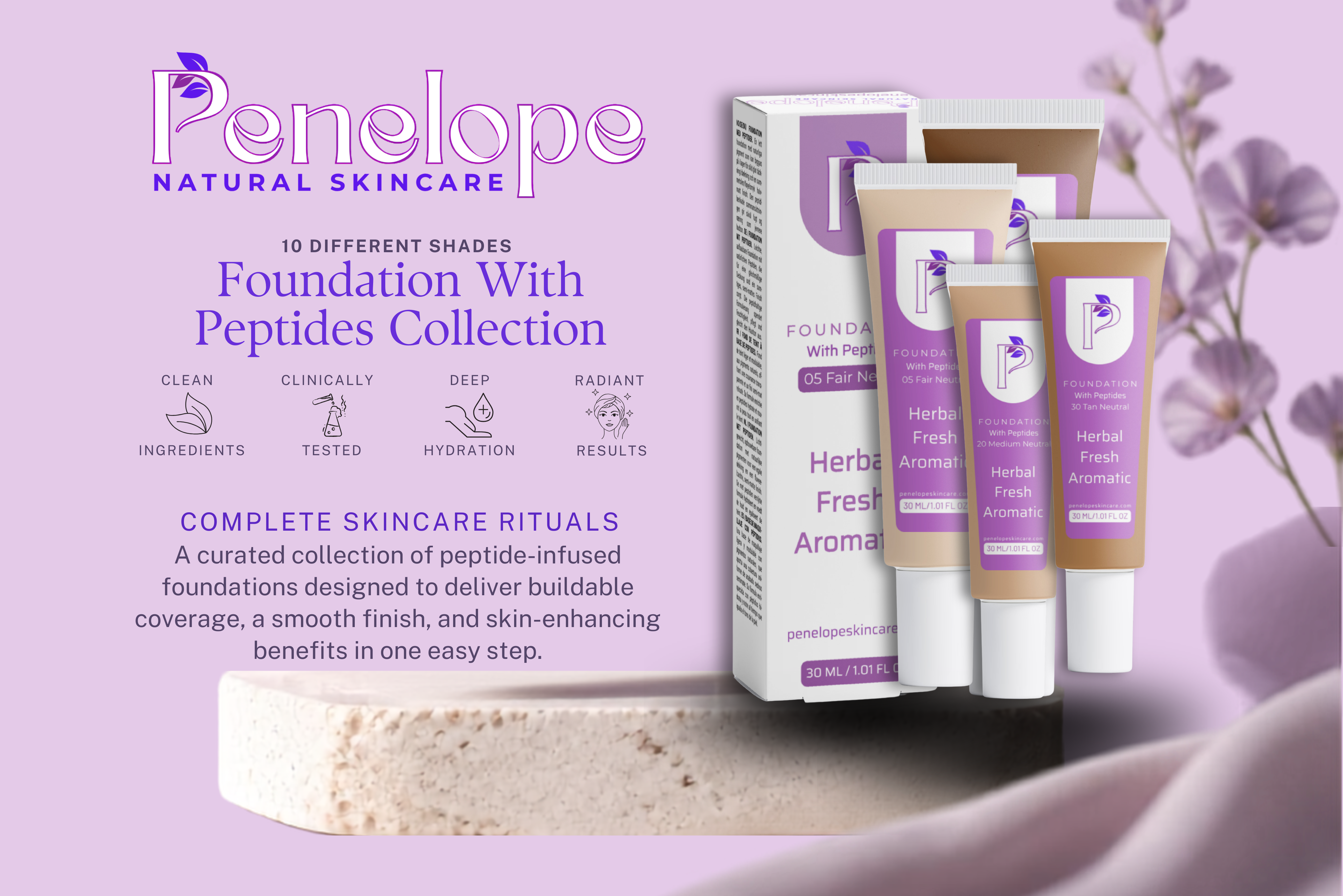 Penelope Natural Skincare Foundation With Peptides Collection, featuring three tubes of Herbal Fresh Aromatic foundation and a matching box on a lavender background with a sponge prop.