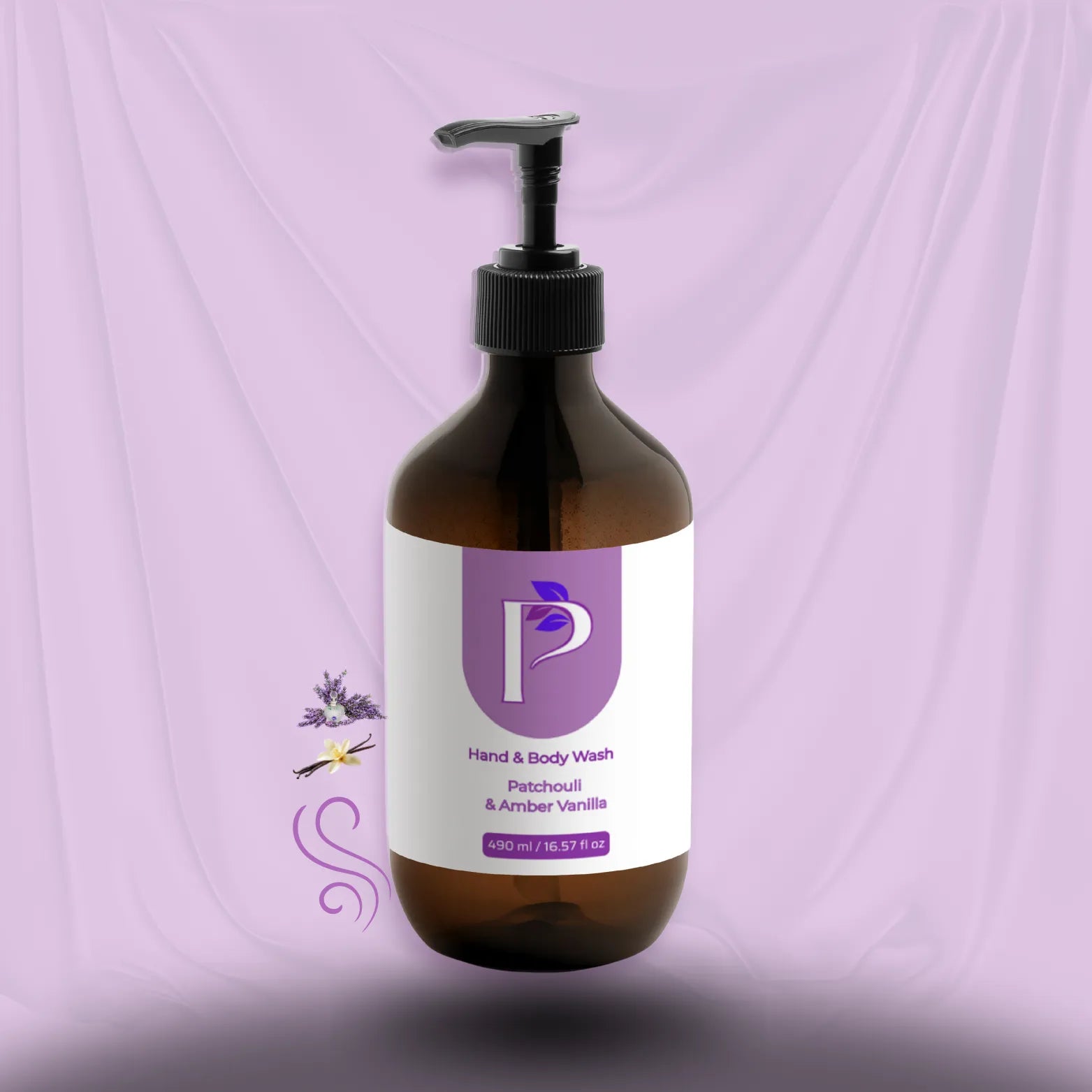 A 300 ml amber glass pump bottle of hand and body wash with a white and purple label, set against a draped lavender fabric background.
