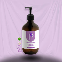 An amber glass pump bottle of hand and body wash with a black dispenser and a white label featuring a purple logo, set against a draped lavender background.