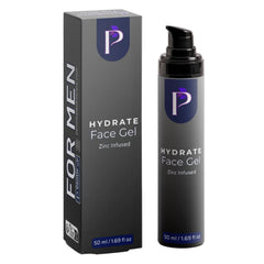 Hydrate Face Gel for men, showing the black pump bottle next to its dark gray packaging box on a white background.