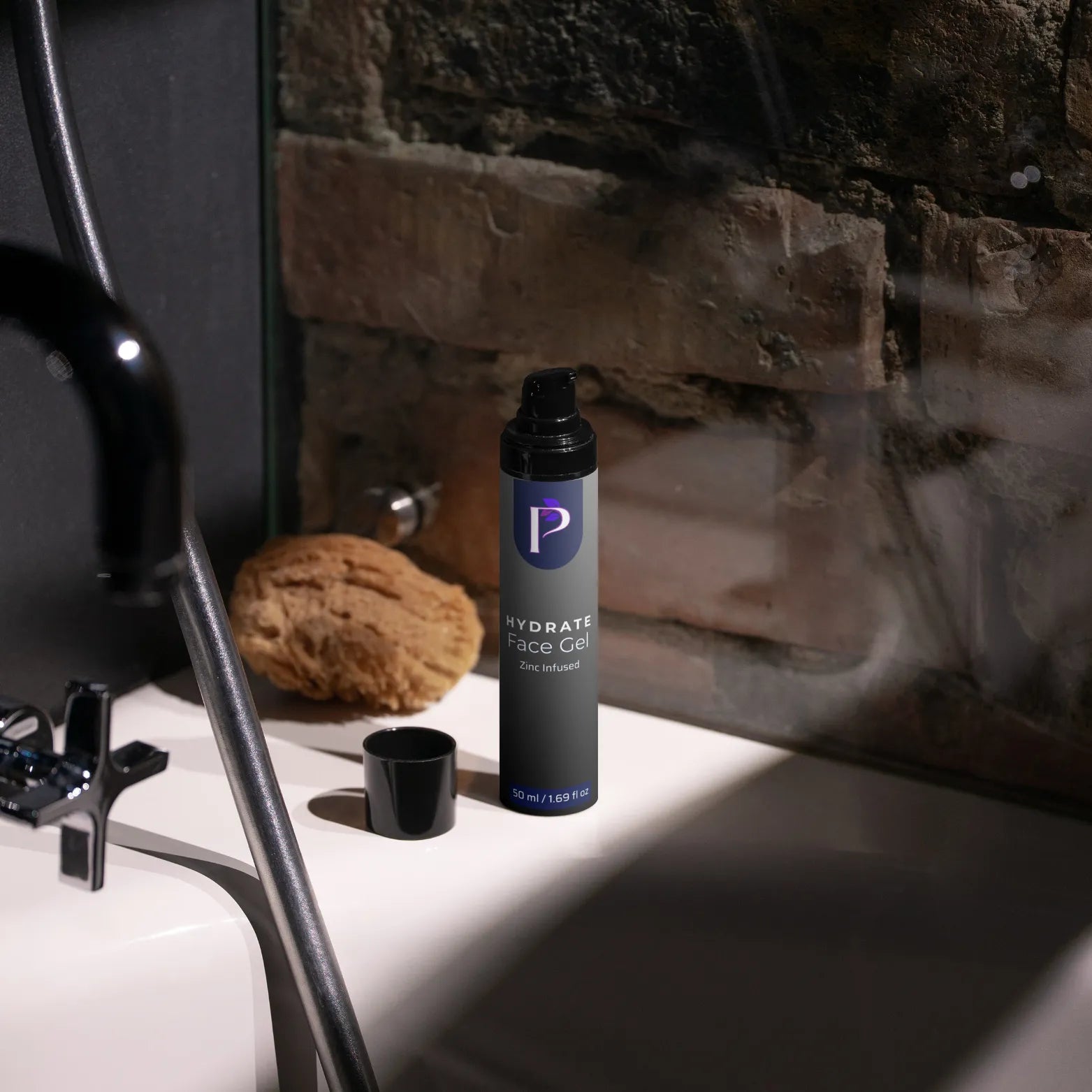 A bottle of Hydrate Face Gel by Pilsbury is shown standing on a white bathroom counter in front of a mirror, with a black cap beside it and a stone tile wall in the background.