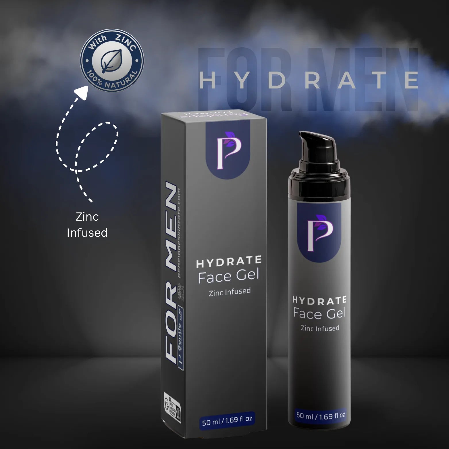 A bottle and box of P Labs For Men Hydrate Face Gel, featuring a dark gray and black design with a purple logo, set against a dark smoky background with marketing text and a zinc-infused badge.