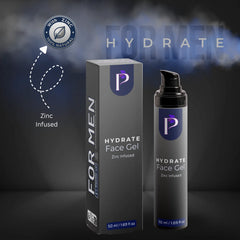 A bottle and box of P Labs For Men Hydrate Face Gel, featuring a dark gray and black design with a purple logo, set against a dark smoky background with marketing text and a zinc-infused badge.