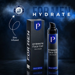 FOR MEN Hydrate Face Gel by P, shown as a black pump bottle next to its black packaging box, with a blue and white smoky background and graphic callouts for 'Zinc Infused'.
