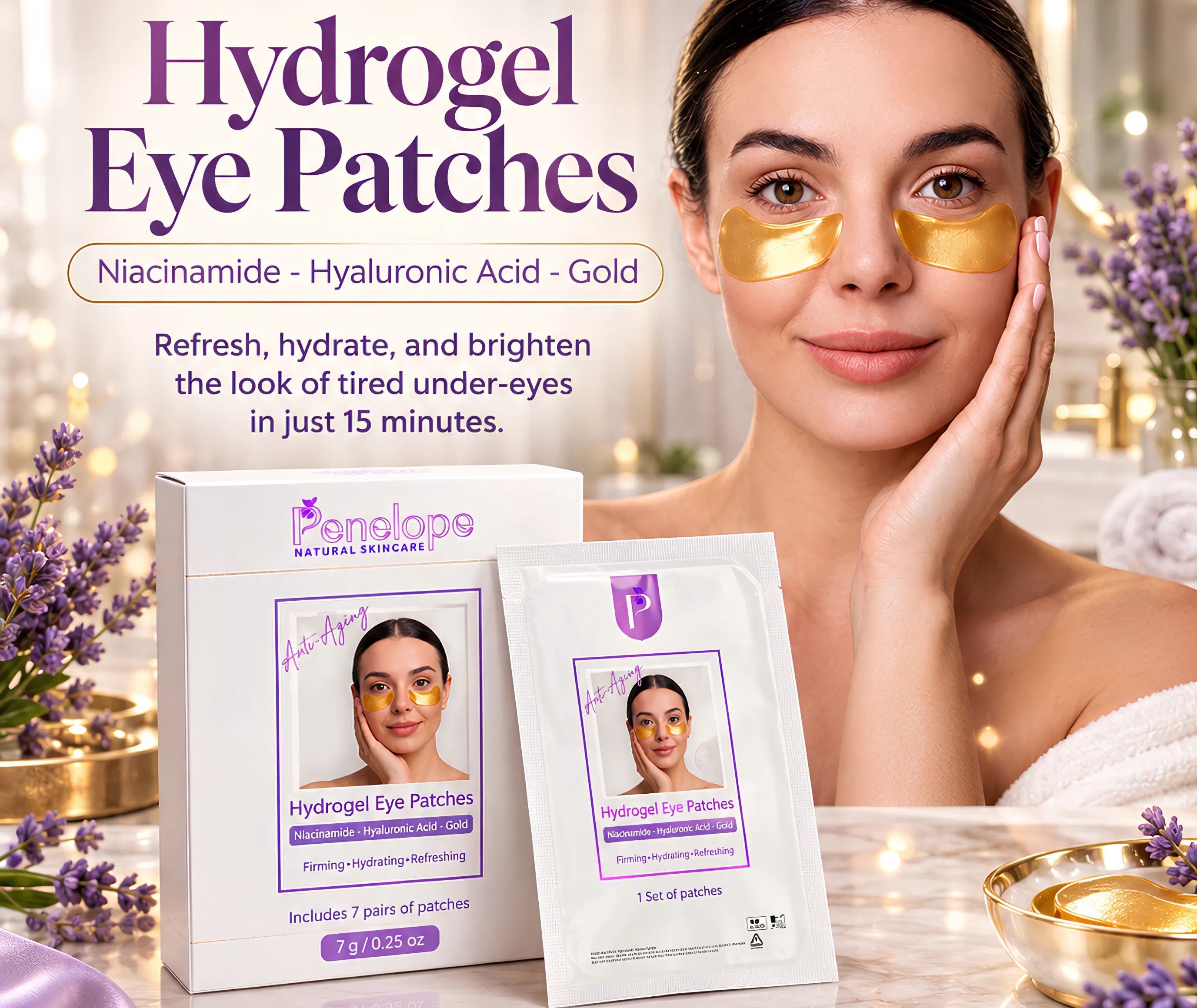 A woman wearing gold hydrogel eye patches beside a box and single packet of Panelops Hydrogel Eye Patches. The ad includes promotional text about niacinamide, hyaluronic acid, and gold, with spa-style lavender and warm lighting in the background.