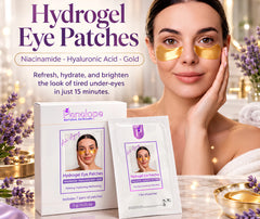 A woman wearing gold hydrogel eye patches beside a box and single packet of Panelops Hydrogel Eye Patches. The ad includes promotional text about niacinamide, hyaluronic acid, and gold, with spa-style lavender and warm lighting in the background.