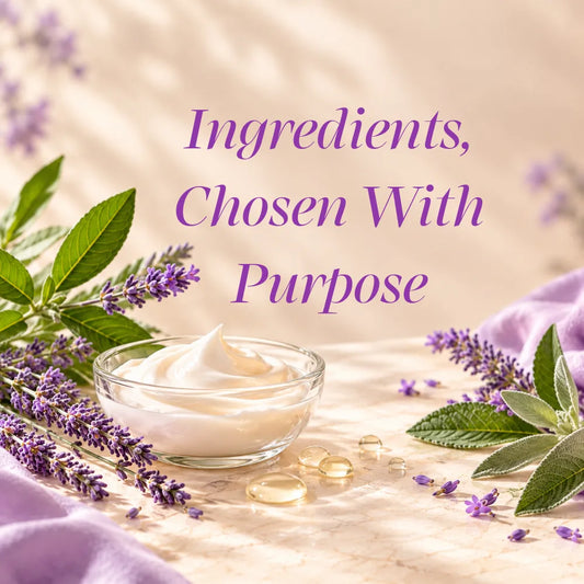 A styled product graphic showing a small glass bowl filled with white cream or lotion, surrounded by lavender sprigs, green leaves, and clear softgel capsules on a warm beige fabric surface. Large purple text reads, 'Ingredients, Chosen With Purpose.