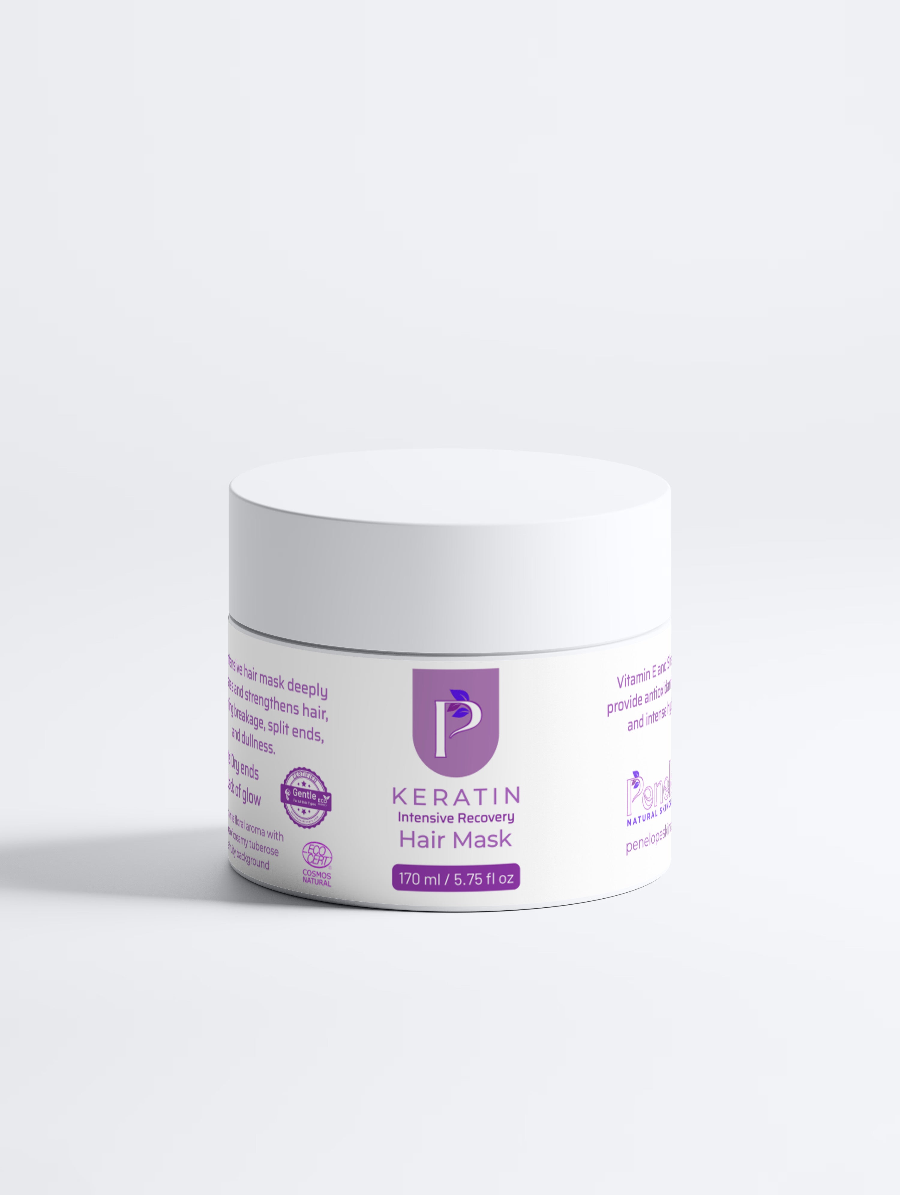 A white plastic jar of Keratin Intensive Recovery Hair Mask with purple text and logo, set against a clean white background.