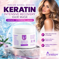 Penelope Natural Skincare Keratin Intensive Recovery Hair Mask jar shown in a promotional ad with a woman on the right, water splash graphics on the left, and product benefits listed on the right.