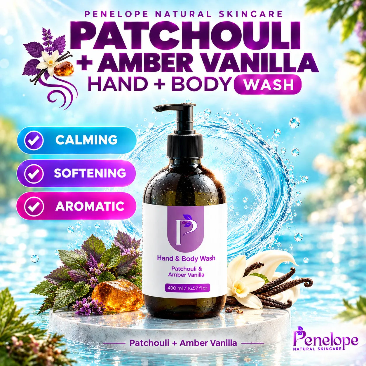 A bottle of Penelope Natural Skincare Patchouli + Amber Vanilla Hand & Body Wash displayed on a stone pedestal with water splashes, tropical leaves, and vanilla beans. Large promotional text highlights calming, softening, and aromatic benefits.