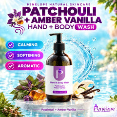A bottle of Penelope Natural Skincare Patchouli + Amber Vanilla Hand & Body Wash displayed on a stone pedestal with water splashes, tropical leaves, and vanilla beans. Large promotional text highlights calming, softening, and aromatic benefits.