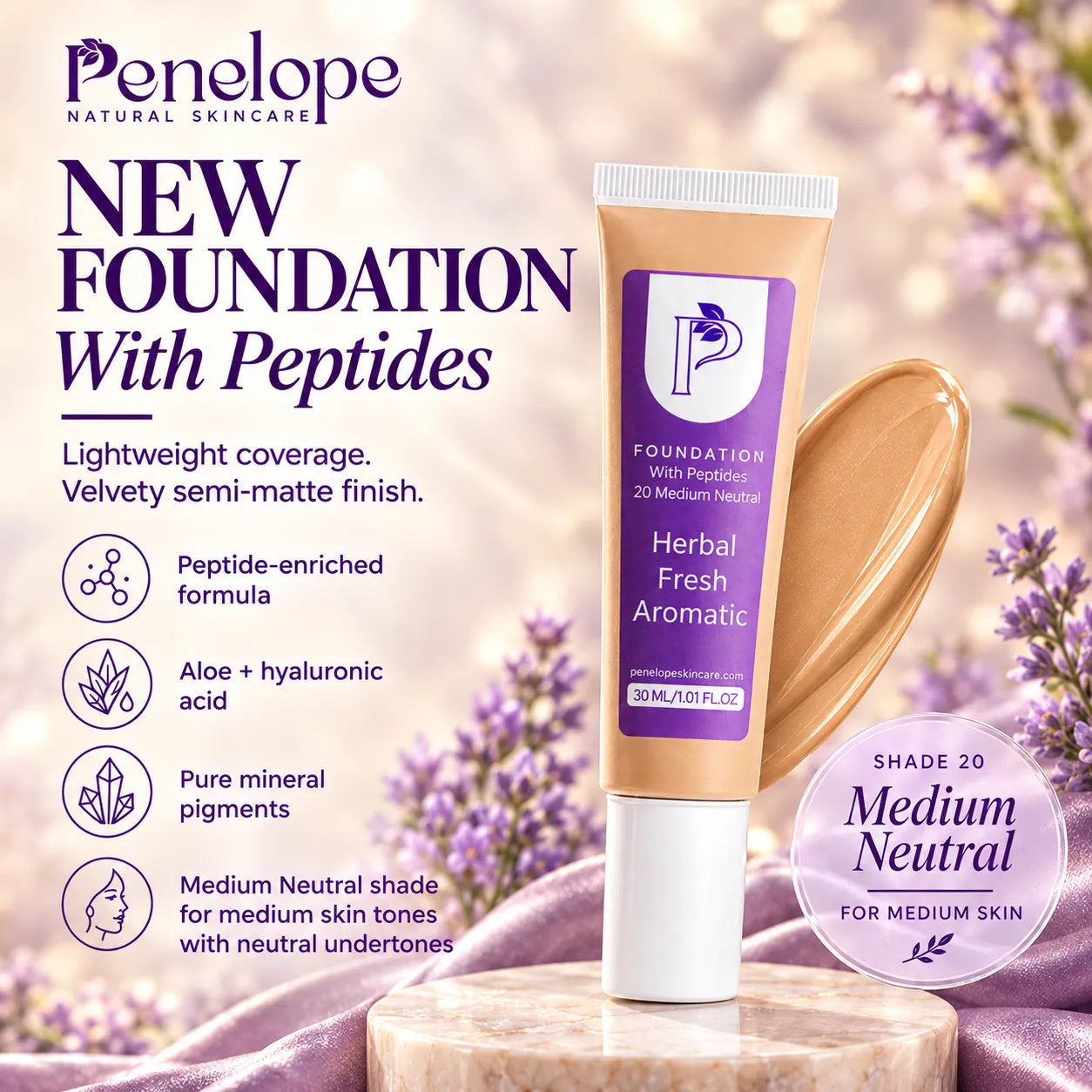 Penelope Natural Skincare Herbal Fresh Aromatic Foundation tube in shade 20 Medium Neutral, displayed with an open lid showing the cream foundation inside. The background is a soft-focus purple lavender field with text highlighting the product's peptide-enriched formula and lightweight coverage.