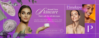 Promotional banner for Penelope Skincare featuring three female models, jars of skincare products, and purple background graphics with text reading 'Brand New Skincare' and 'Penelope Skincare'.