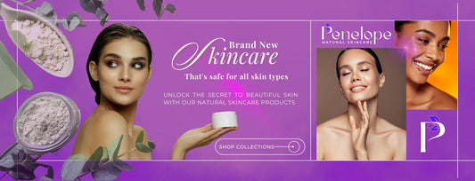 Promotional banner for Penelope Skincare featuring three female models, jars of skincare products, and purple background graphics with text reading 'Brand New Skincare' and 'Penelope Skincare'.