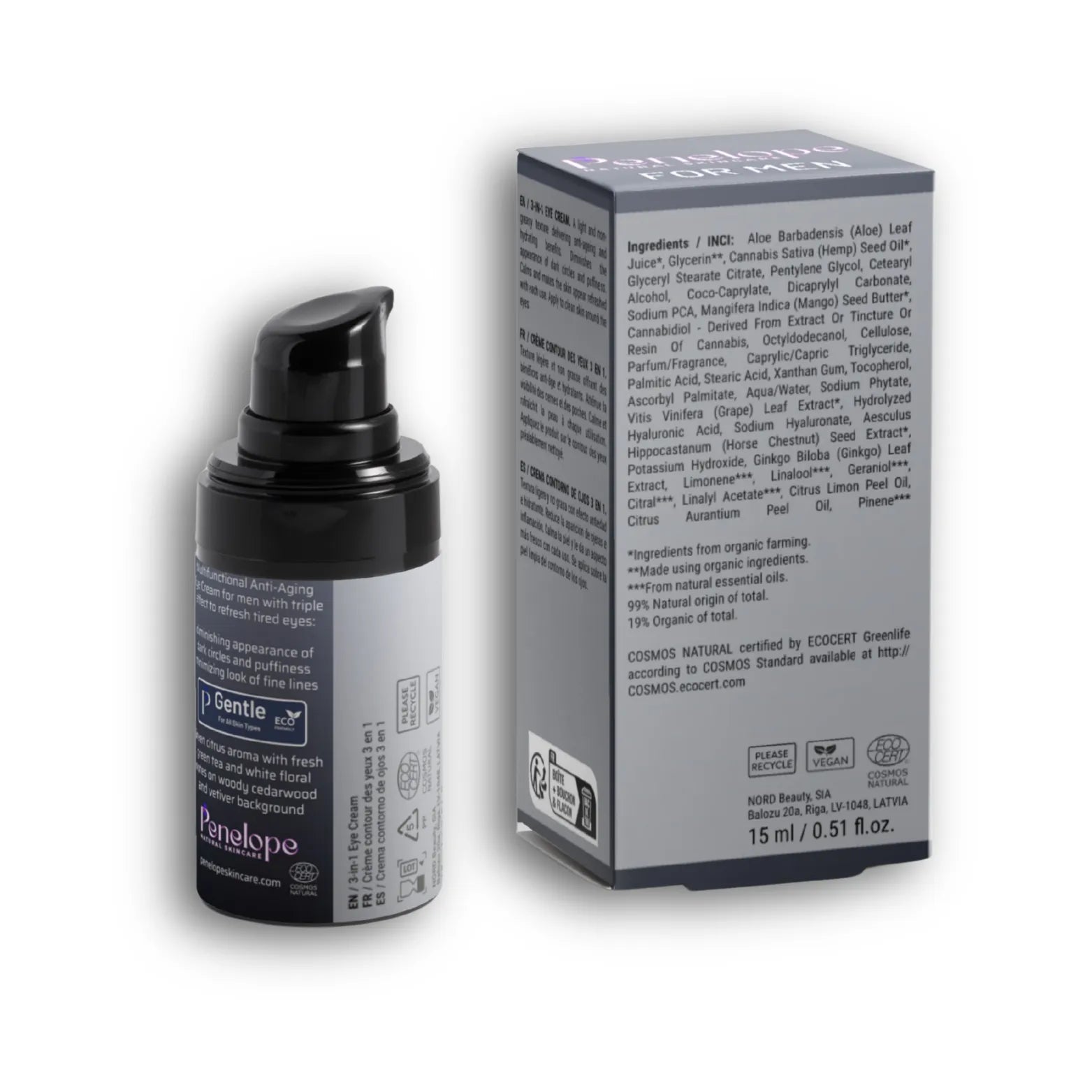 Penelope For Men 3 In 1 Eye Cream Back Sidestands next to its matching gray and white product box on a plain white background.