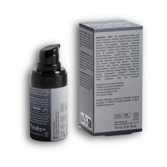 Penelope For Men 3 In 1 Eye Cream Back Sidestands next to its matching gray and white product box on a plain white background.