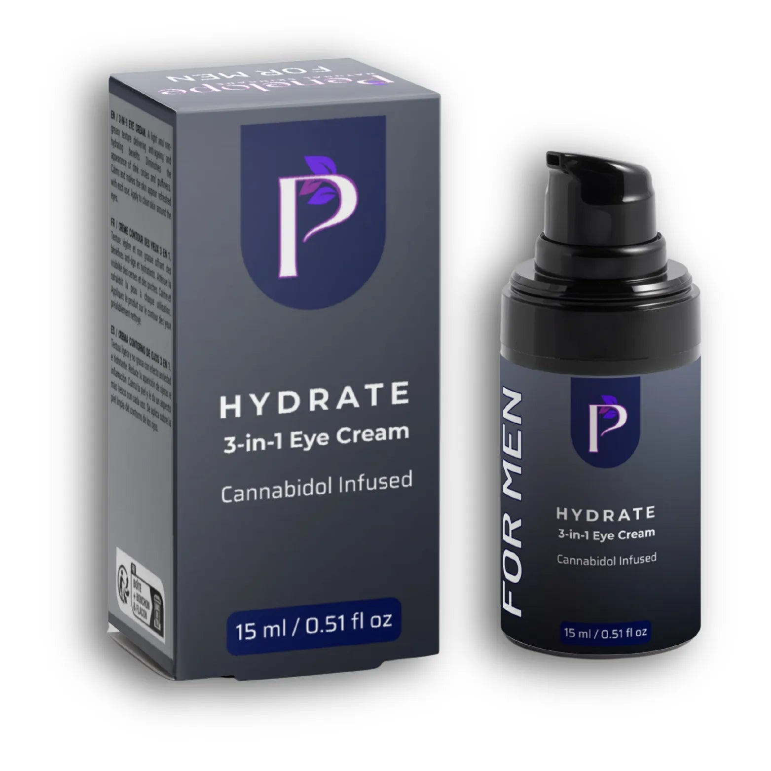 A 15 ml bottle of Penelope For Men Hydrate 3-in-1 Eye Cream next to its matching dark gray packaging box, both featuring a purple shield logo with a white 'P' and white text.