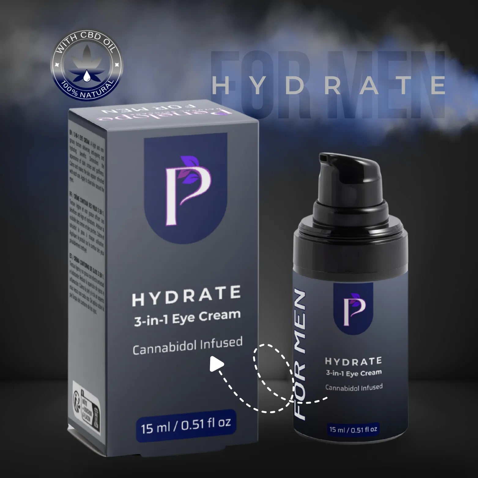 A bottle and box of HYDRATE 3-in-1 Eye Cream for men, featuring a dark gray and black design with a purple shield logo and white text, set against a dark smoky background.