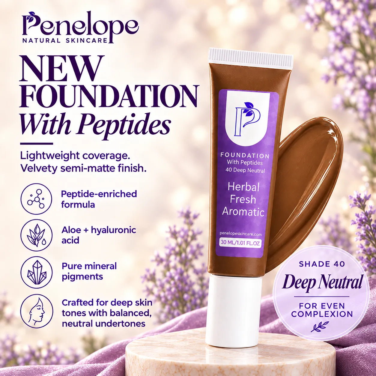 Penelope Natural Skincare 'New Foundation With Peptides' in shade 40 Deep Neutral, shown as a brown liquid foundation tube with a white cap next to a matching liquid smear, set against a soft-focus lavender background.