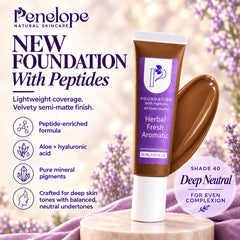 Penelope Natural Skincare 'New Foundation With Peptides' in shade 40 Deep Neutral, shown as a brown liquid foundation tube with a white cap next to a matching liquid smear, set against a soft-focus lavender background.