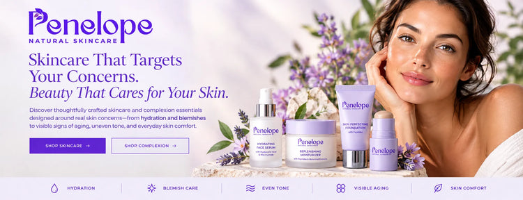 Penelope Natural Skincare advertisement featuring a woman with a radiant smile next to several skincare products, including a cream jar, a serum bottle, and a tube, set against a background of lavender flowers.