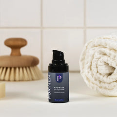A bottle of FOR MEN FOR HYDRATE Eye Cream stands on a white surface with a tiled background, flanked by a wooden brush on the left and a rolled white towel on the right.