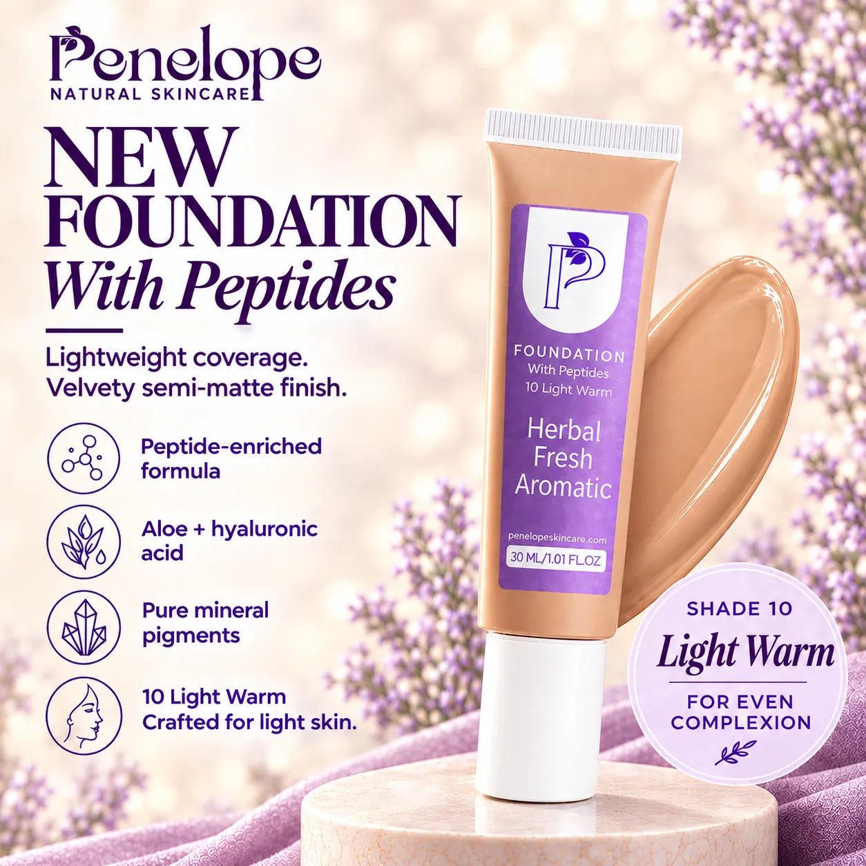Penelope Natural Skincare Herbal Fresh Aromatic Foundation in shade 10 Light Warm, shown in a squeeze tube with a matching color swatch and product details on a soft floral background.