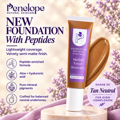 Penelope Natural Skincare New Foundation With Peptides in shade 30 Tan Neutral, shown as a tube with a large color swatch of the tan foundation cream on a wooden pedestal against a soft-focus lavender background.