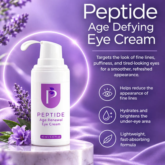 Peptide Age Defying Eye Cream in a white pump bottle with a purple logo, displayed on a marble pedestal with lavender flowers against a purple background with product benefits text.