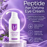 Peptide Age Defying Eye Cream in a white pump bottle with a purple logo, displayed on a marble pedestal with lavender flowers against a purple background with product benefits text.