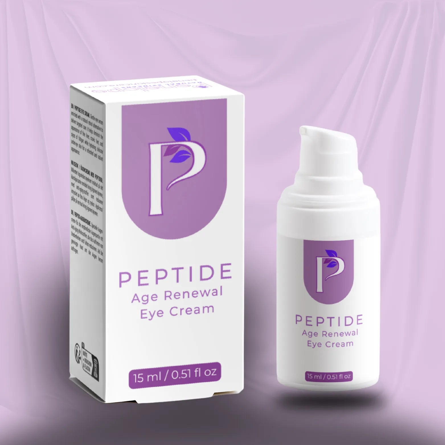 Peptide Age Renewal Eye Cream in a white pump bottle next to its white and purple packaging box, set against a lavender draped fabric background.