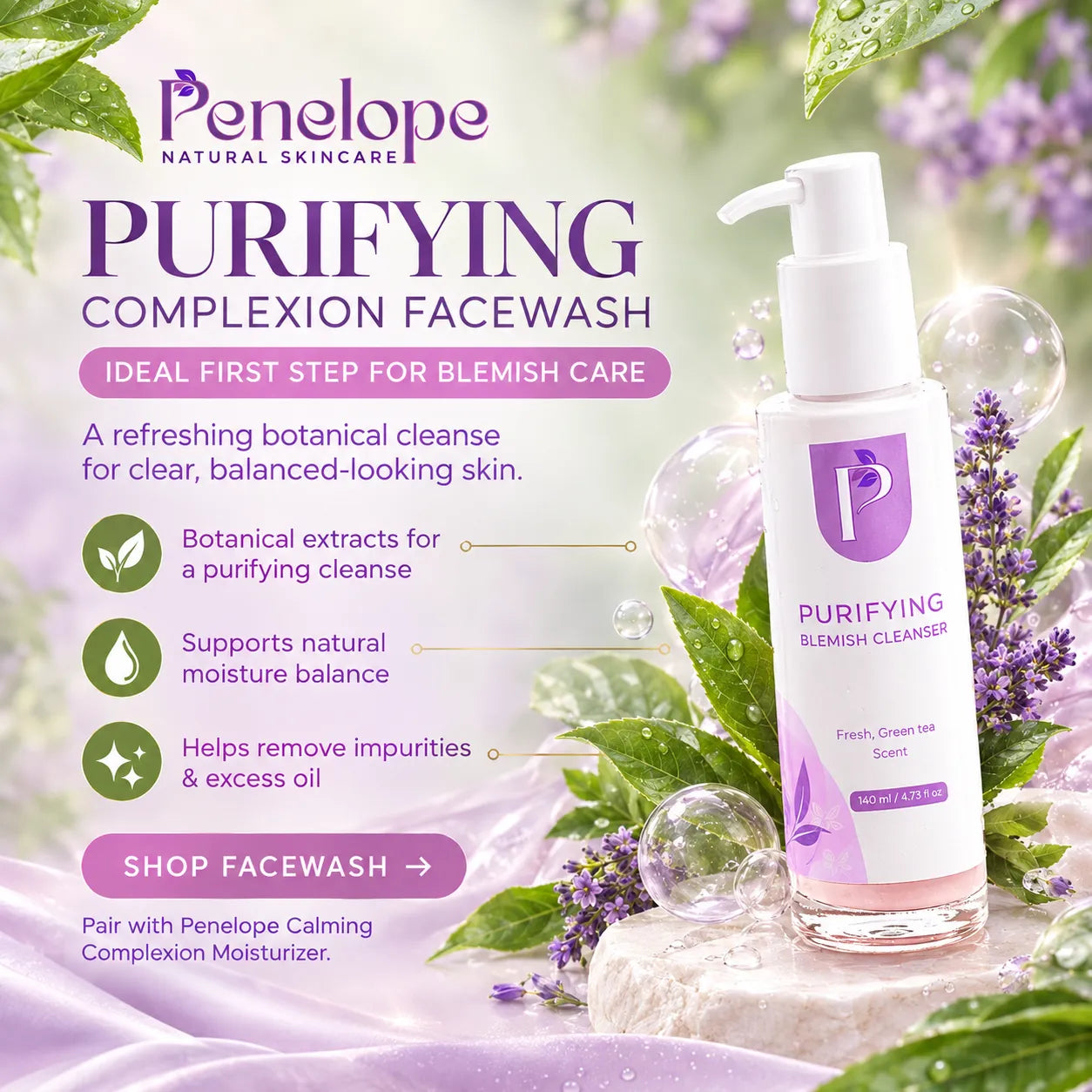Penelope Natural Skincare Purifying Blemish Cleanser bottle shown on a soft botanical background with lavender flowers, leaves, bubbles, and promotional text.