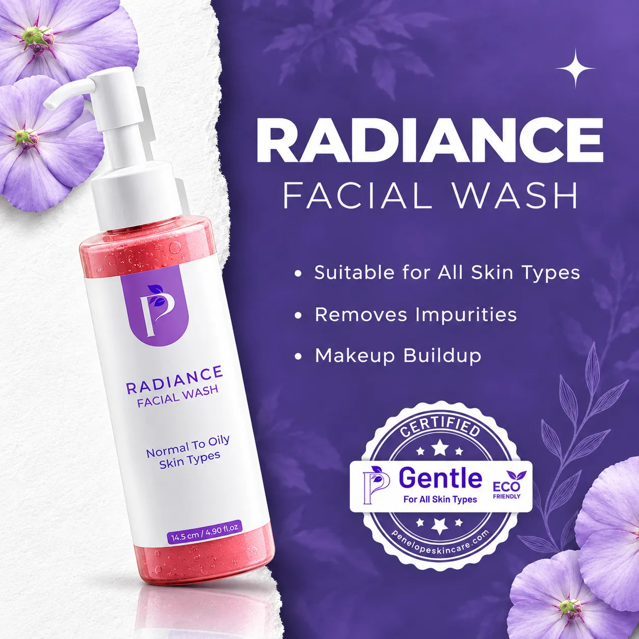 Radiance Facial Wash bottle on a split white and purple background with floral accents and product claims text.