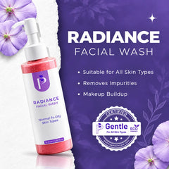 Radiance Facial Wash bottle on a split white and purple background with floral accents and product claims text.