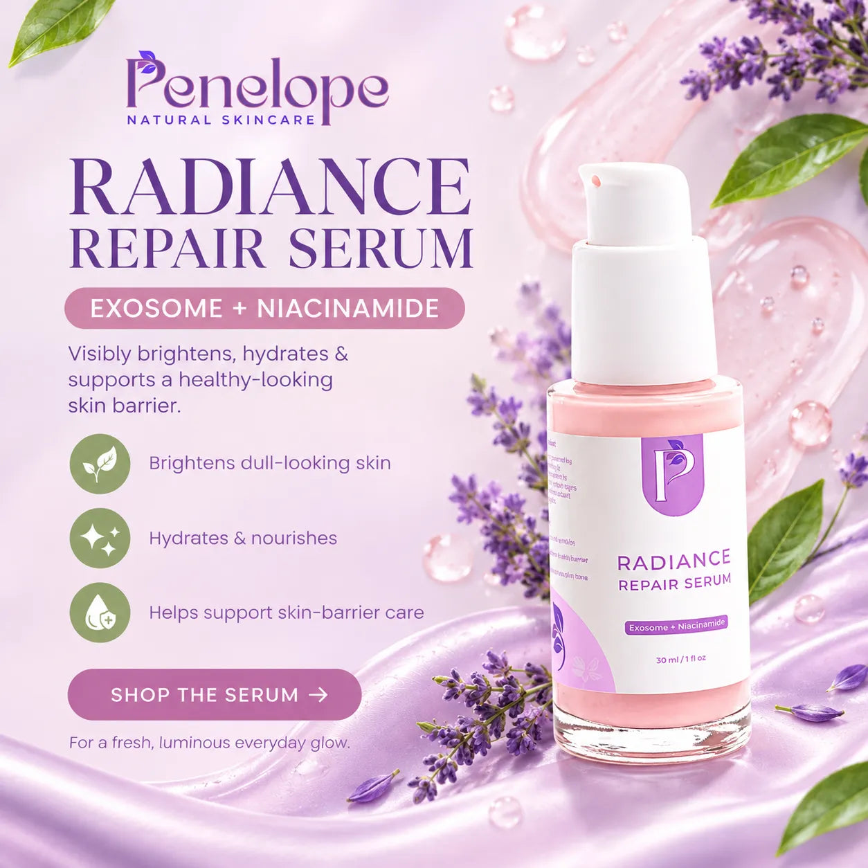 Penelope Natural Skincare Radiance Repair Serum bottle on a soft pink and lavender background with decorative leaves, flowers, and text describing exosome and niacinamide benefits.