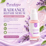 Penelope Natural Skincare Radiance Repair Serum bottle on a soft pink and lavender background with decorative leaves, flowers, and text describing exosome and niacinamide benefits.