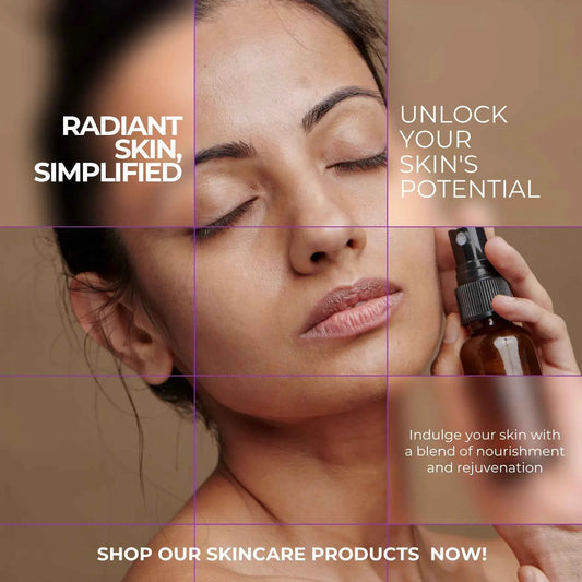 A promotional skincare ad featuring a close-up of a woman with closed eyes holding a small amber spray bottle against her face. The image has a warm beige background, purple grid lines, and white text reading 'RADIANT SKIN, SIMPLIFIED', 'UNLOCK YOUR SKIN'S POTENTIAL', and 'SHOP OUR SKINCARE PRODUCTS NOW!'.