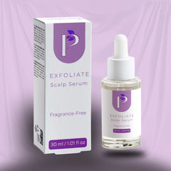 A bottle of P Exfoliate Scalp Serum with a white dropper cap stands next to its white and purple packaging box on a soft lavender background.