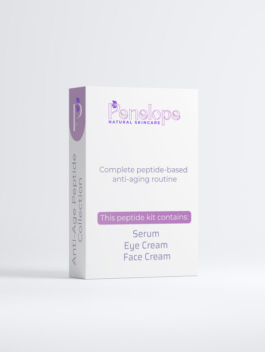 A white rectangular product box for Penelope Natural Skincare's Anti-Aging Collection, featuring purple text and branding on a clean white background.
