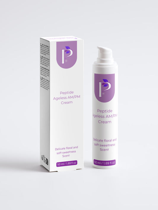 A white cosmetic pump bottle and its matching white box packaging for Peptide Ageless AM/PM Cream, featuring a purple logo and text, set against a clean light gray background.