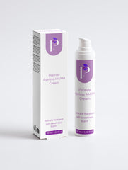 A white cosmetic pump bottle and its matching white box packaging for Peptide Ageless AM/PM Cream, featuring a purple logo and text, set against a clean light gray background.