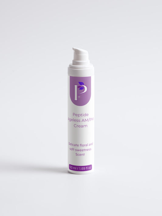 A white pump bottle of Peptide Ageless AM/PM Cream with a purple logo and text, set against a clean white background.