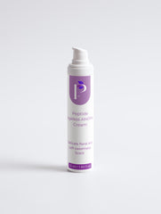 A white pump bottle of Peptide Ageless AM/PM Cream with a purple logo and text, set against a clean white background.